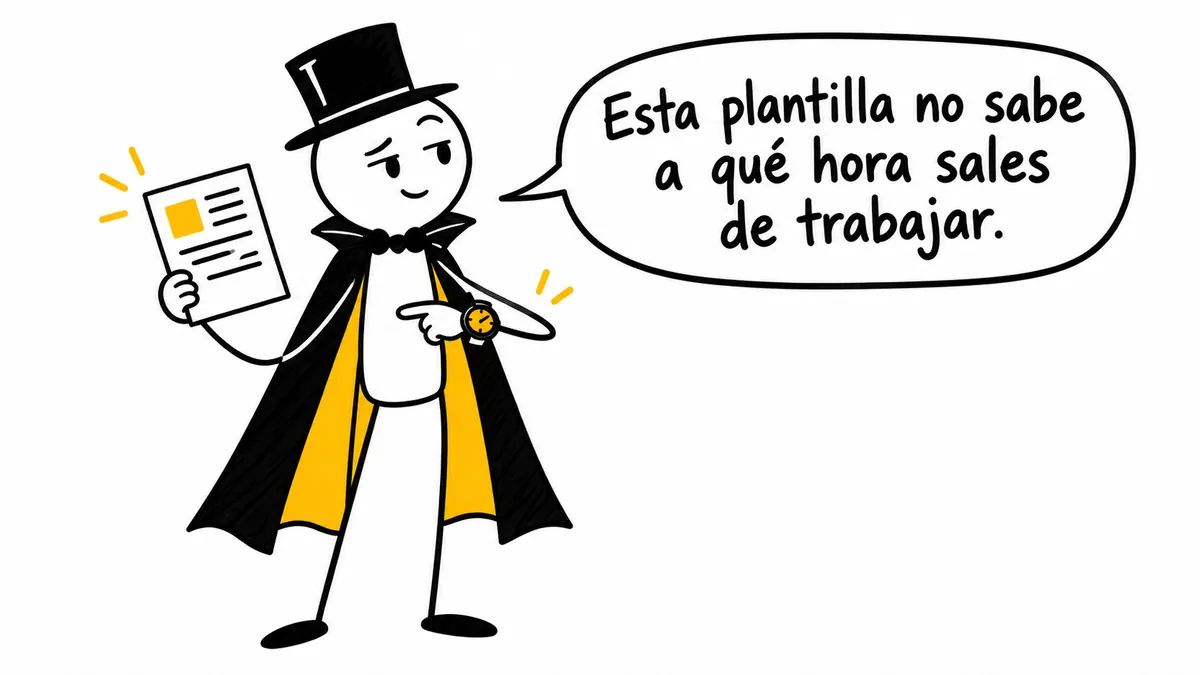 El personaje compara una plantilla con su horario: «Esta plantilla no sabe a qué hora sales de trabajar».