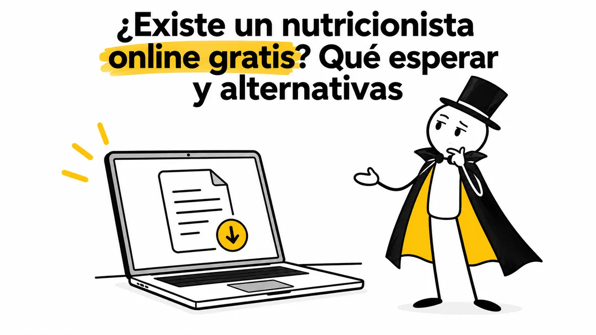 Personaje con capa y sombrero junto a un portátil con un documento para descargar.