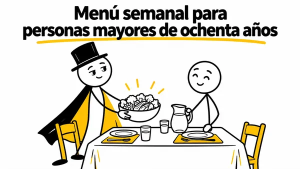 Menú semanal para personas mayores de ochenta años. Ilustración con monigotes de trazos finos y el protagonista con capa y sombrero.