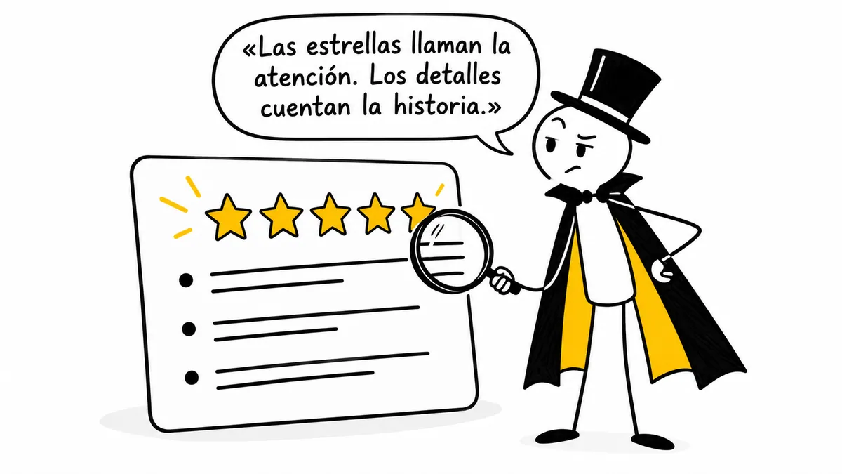 El personaje examina una reseña: «Las estrellas llaman la atención. Los detalles cuentan la historia».