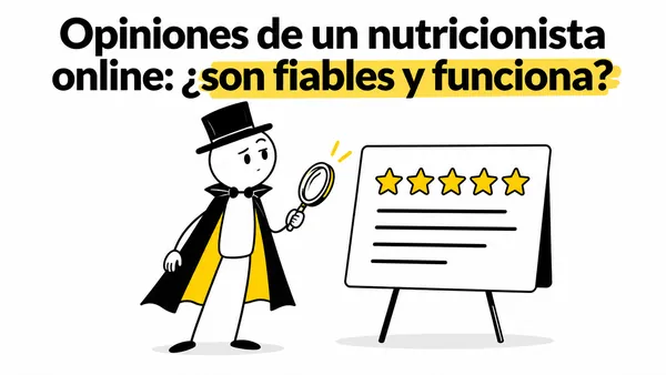 Personaje con lupa que examina una tarjeta con estrellas y líneas de reseña.