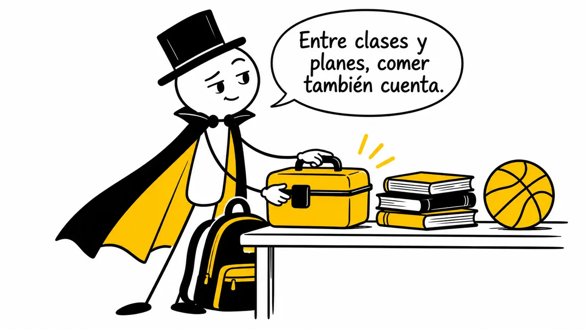 Monigote con sombrero y capa: «Entre clases y planes, comer también cuenta.»