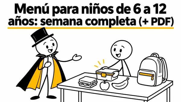 Menú para niños de 6 a 12 años: semana completa (+ PDF). Ilustración con monigotes de trazos finos y el protagonista con capa y sombrero.