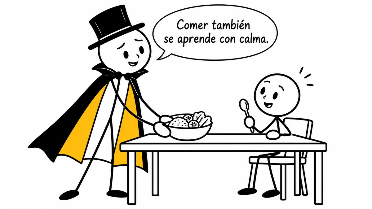 Monigote con sombrero y capa: «Comer también se aprende con calma.»