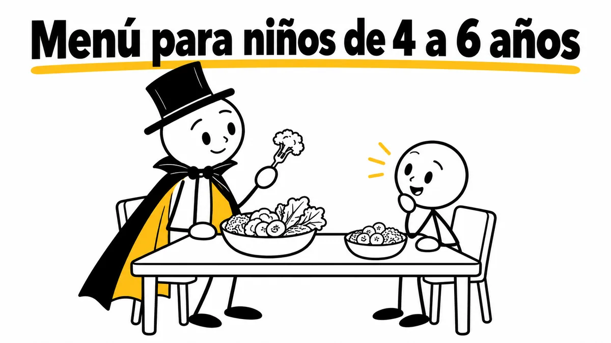 Menú para niños de 4 a 6 años. Ilustración con monigotes de trazos finos y el protagonista con capa y sombrero.