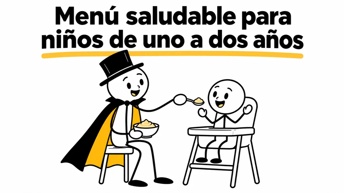 Menú saludable para niños de uno a dos años. Ilustración con monigotes de trazos finos y el protagonista con capa y sombrero.