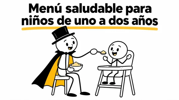 Menú saludable para niños de uno a dos años. Ilustración con monigotes de trazos finos y el protagonista con capa y sombrero.