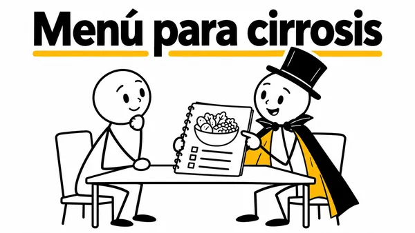 Menú para cirrosis. Ilustración con monigotes de trazos finos y el protagonista con capa y sombrero.