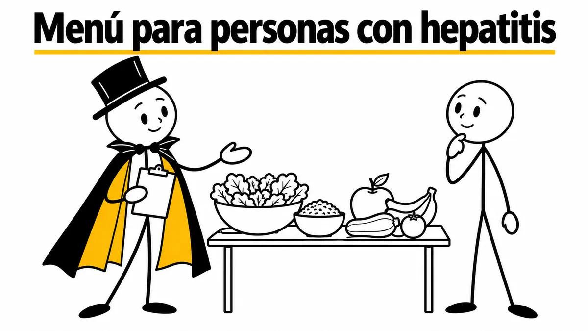 Menú para personas con hepatitis. Ilustración con monigotes de trazos finos y el protagonista con capa y sombrero.