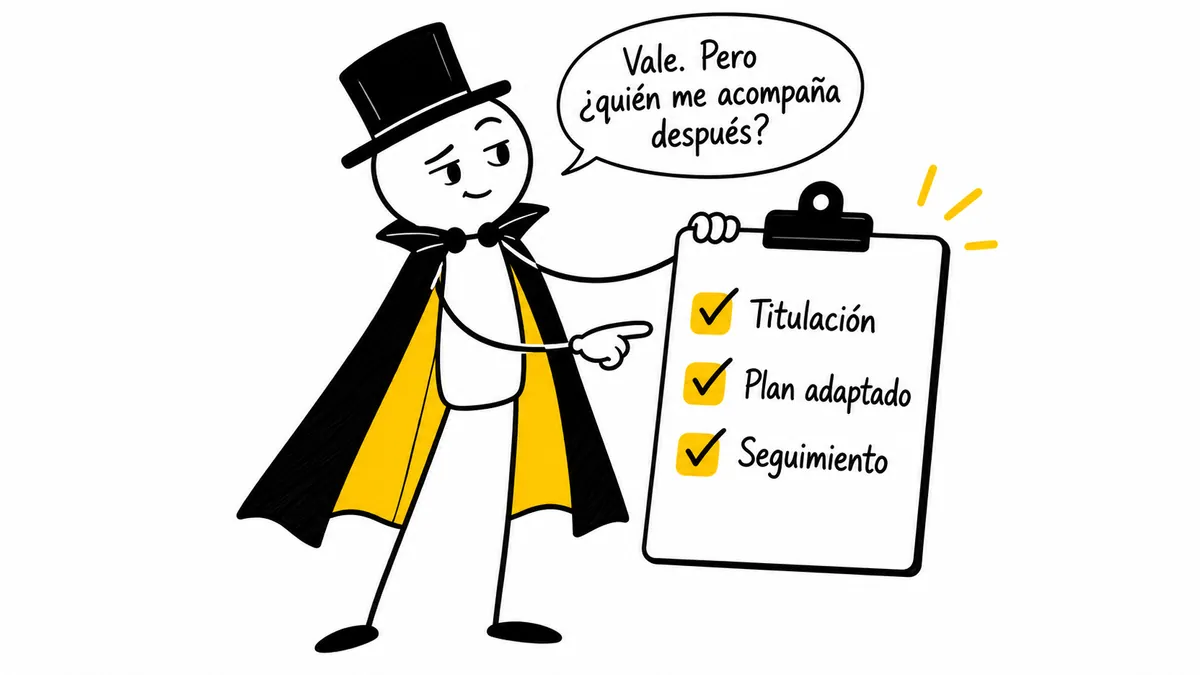El personaje revisa titulación, plan adaptado y seguimiento: «Vale. Pero ¿quién me acompaña después?».