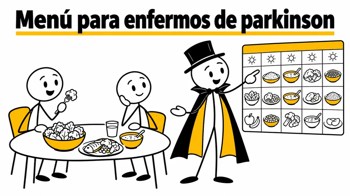 Menú para enfermos de parkinson. Ilustración con monigotes de trazos finos y el protagonista con capa y sombrero.