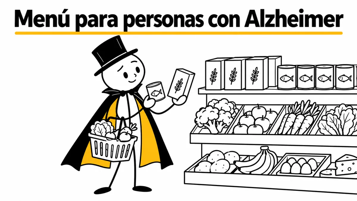 Menú para personas con Alzheimer. Ilustración con monigotes de trazos finos y el protagonista con capa y sombrero.