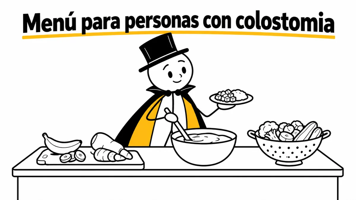 Menú para personas con colostomia. Ilustración con monigotes de trazos finos y el protagonista con capa y sombrero.