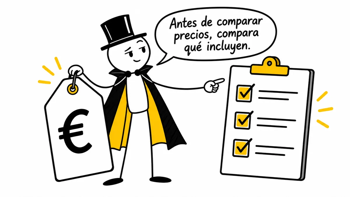El personaje compara una etiqueta de precio con una lista: «Antes de comparar precios, compara qué incluyen».