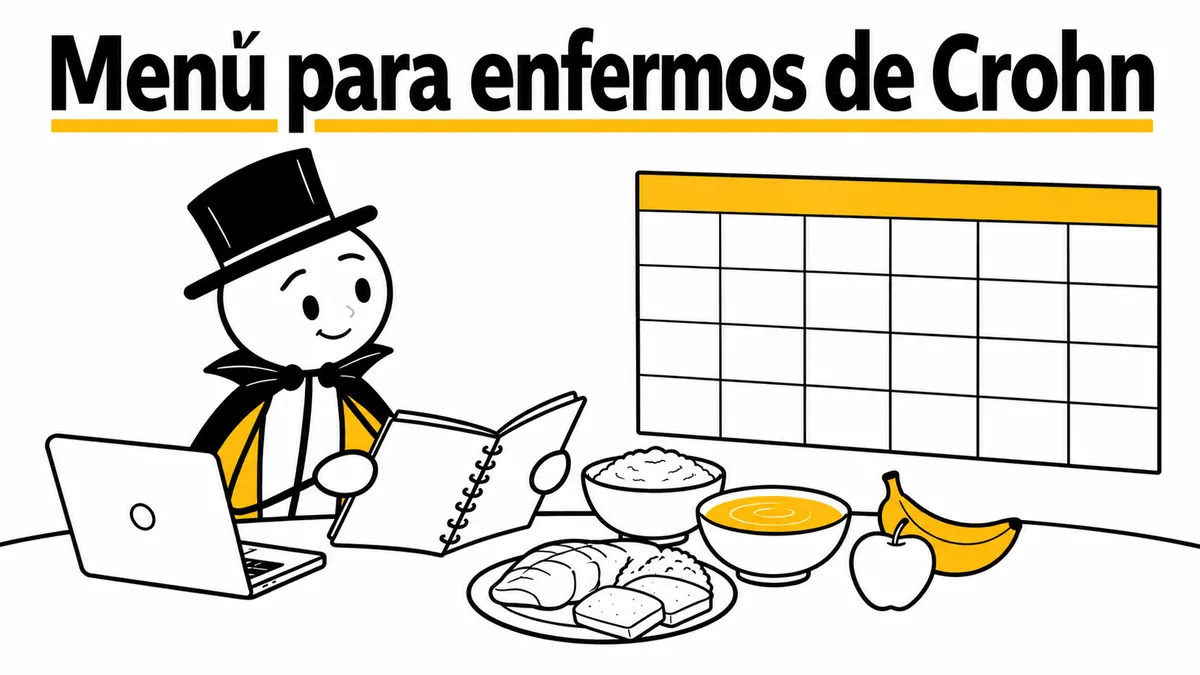Menú para enfermos de Crohn. Ilustración con monigotes de trazos finos y el protagonista con capa y sombrero.
