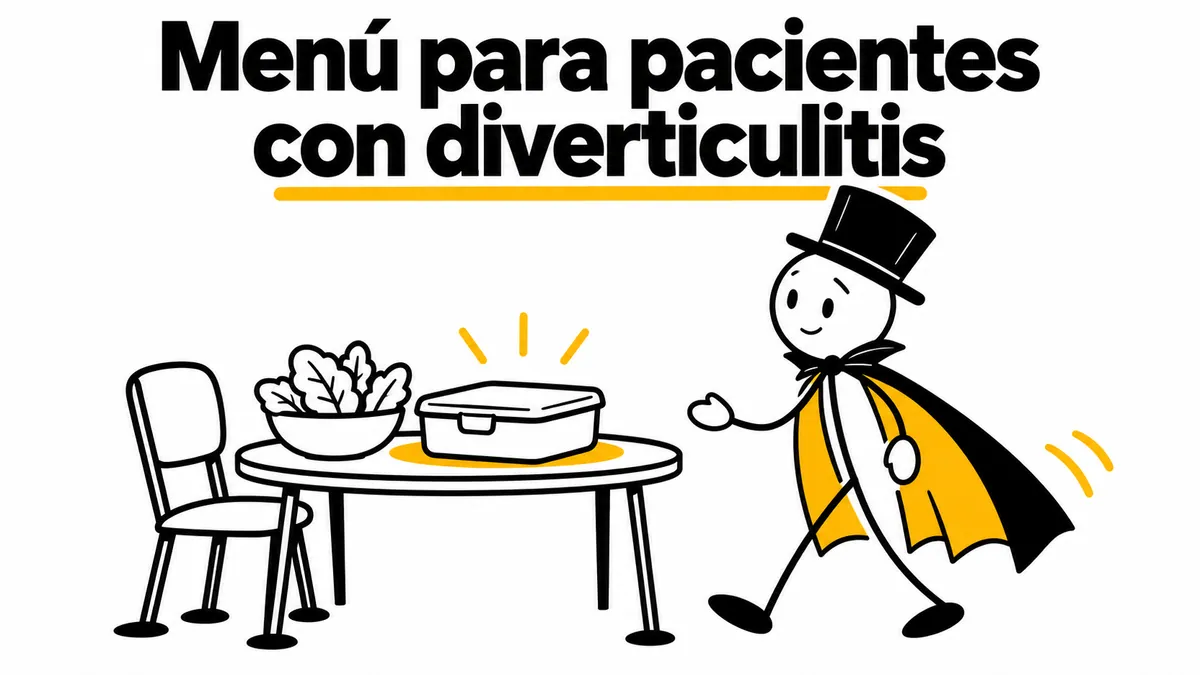 Menú para pacientes con diverticulitis. Ilustración con monigotes de trazos finos y el protagonista con capa y sombrero.