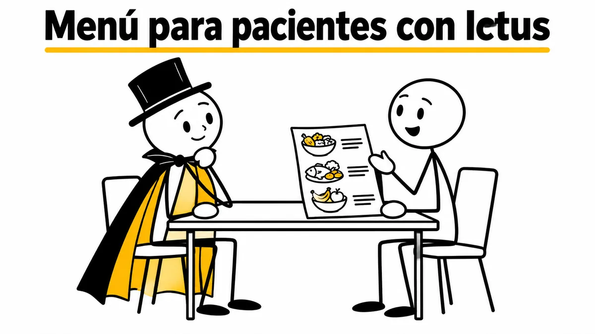 Menú para pacientes con Ictus. Ilustración con monigotes de trazos finos y el protagonista con capa y sombrero.