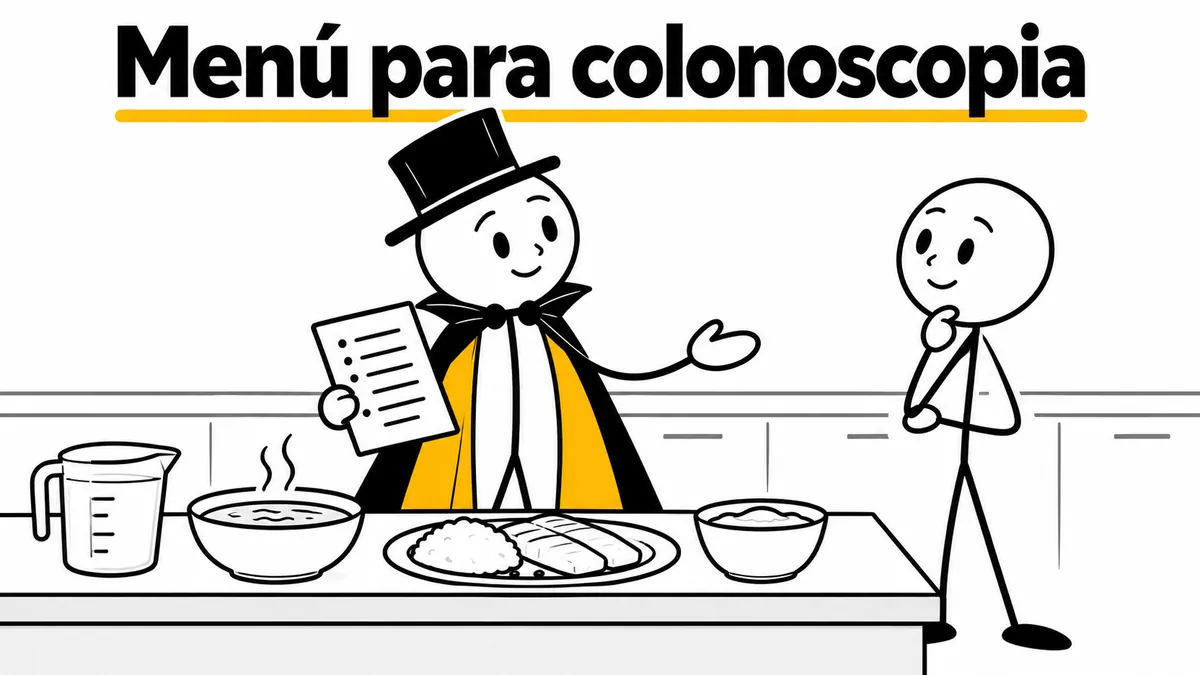 Menú para colonoscopia. Ilustración con monigotes de trazos finos y el protagonista con capa y sombrero.