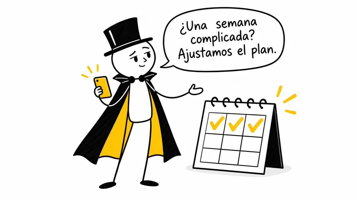 El personaje con móvil y calendario dice: «¿Una semana complicada? Ajustamos el plan».