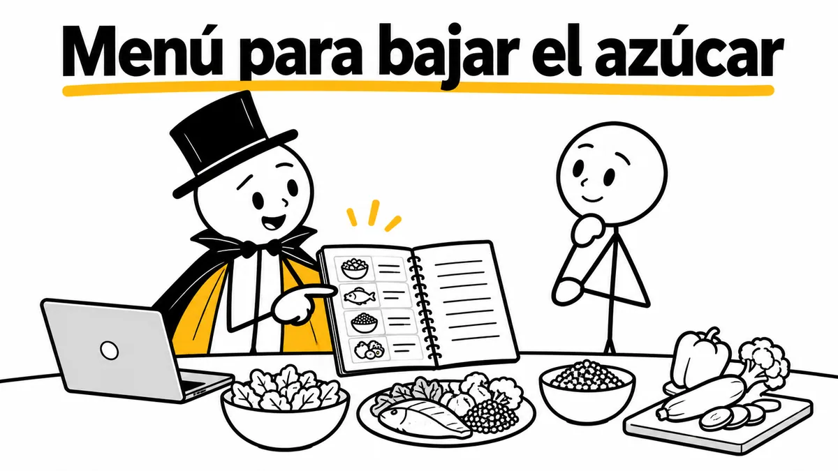 Menú para bajar el azúcar. Ilustración con monigotes de trazos finos y el protagonista con capa y sombrero.