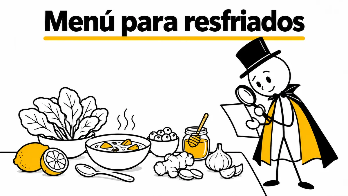 Menú para resfriados. Ilustración con monigotes de trazos finos y el protagonista con capa y sombrero.