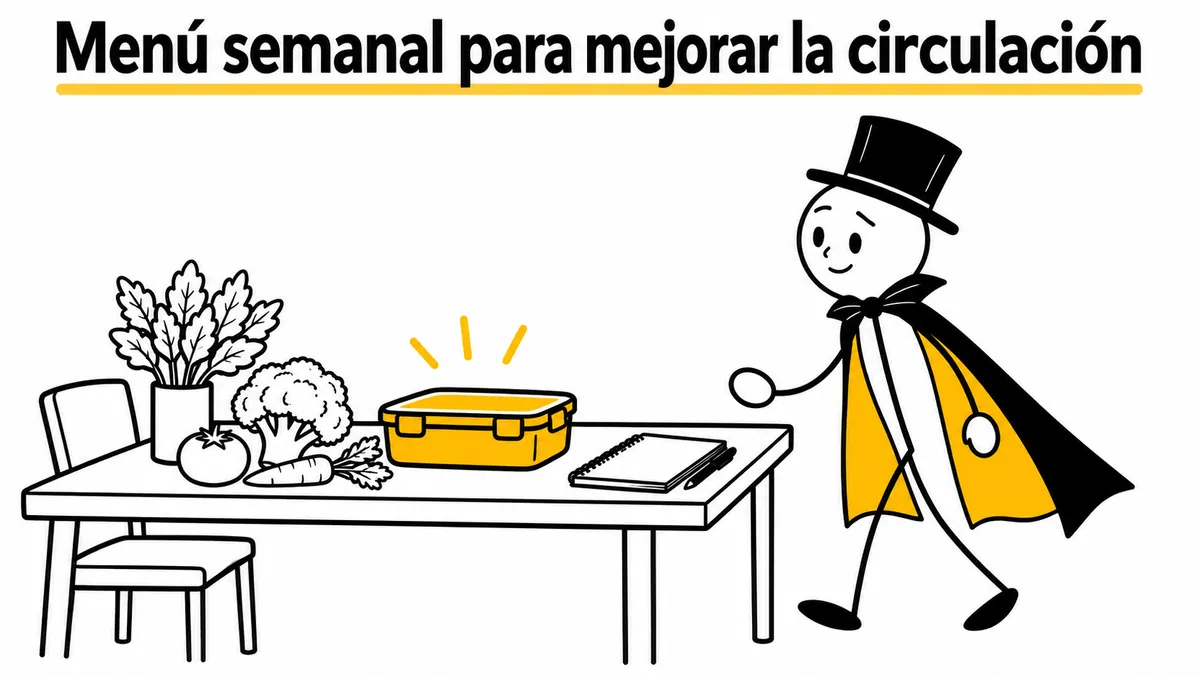 Menú semanal para mejorar la circulación. Ilustración con monigotes de trazos finos y el protagonista con capa y sombrero.