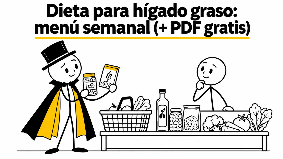 Dieta para hígado graso: menú semanal (+ PDF gratis). Ilustración con monigotes de trazos finos y el protagonista con capa y sombrero.