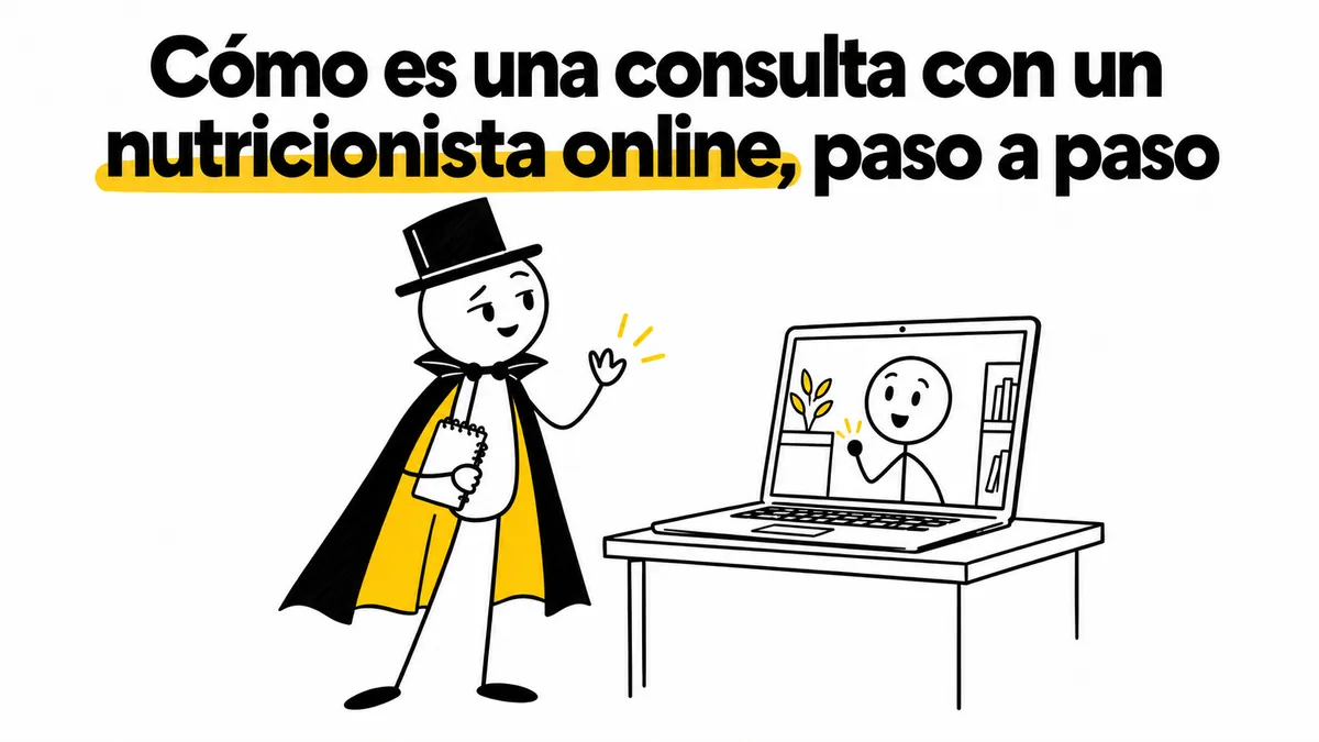 Personaje que saluda a una nutricionista en una videollamada.
