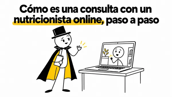 Personaje que saluda a una nutricionista en una videollamada.