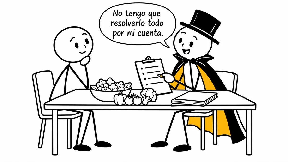 Monigote con sombrero y capa: «No tengo que resolverlo todo por mi cuenta.»