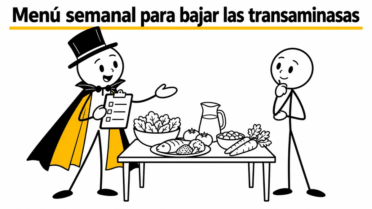 Menú semanal para bajar las transaminasas. Ilustración con monigotes de trazos finos y el protagonista con capa y sombrero.