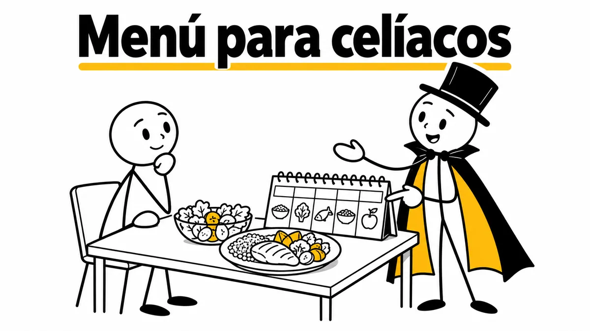 Menú para celíacos. Ilustración con monigotes de trazos finos y el protagonista con capa y sombrero.