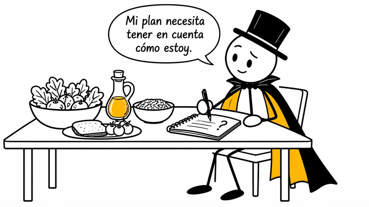 Monigote con sombrero y capa: «Mi plan necesita tener en cuenta cómo estoy.»