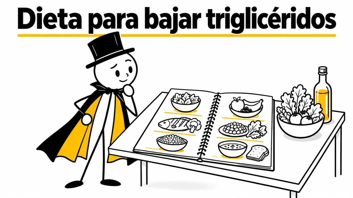 Dieta para bajar triglicéridos. Ilustración con monigotes de trazos finos y el protagonista con capa y sombrero.