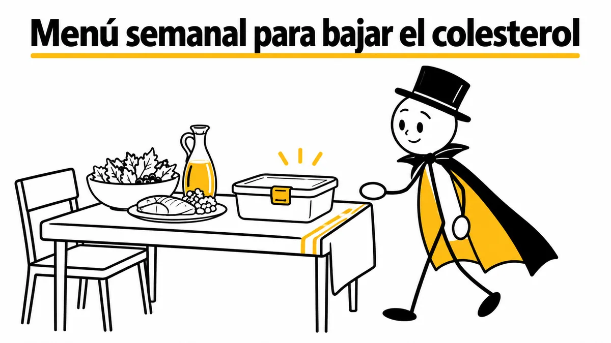 Menú semanal para bajar el colesterol. Ilustración con monigotes de trazos finos y el protagonista con capa y sombrero.