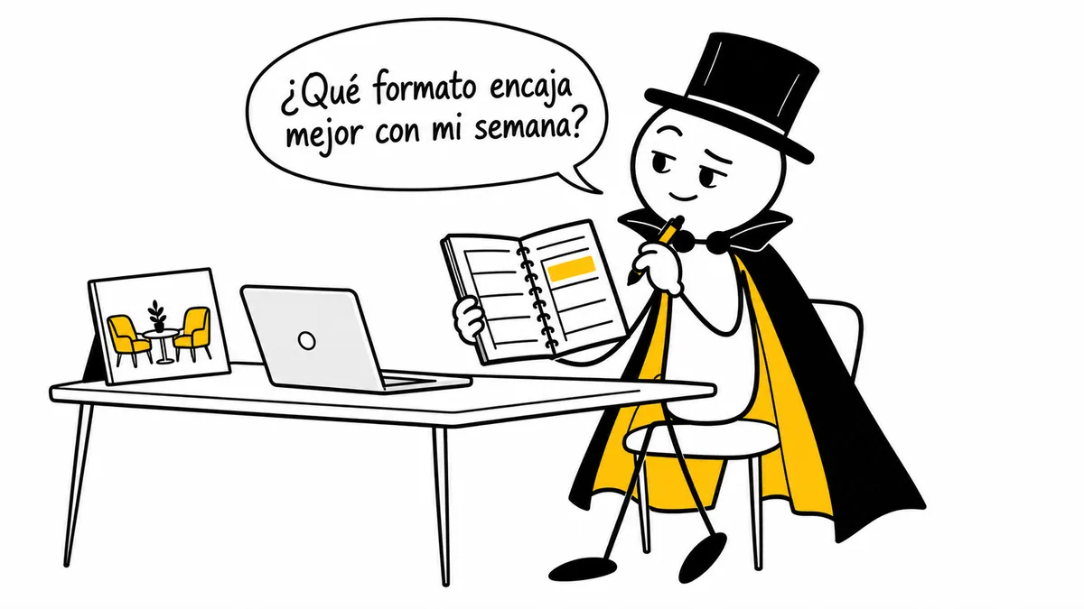 El personaje revisa su agenda: «¿Qué formato encaja mejor con mi semana?».