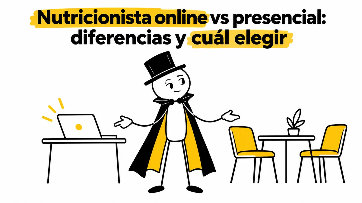 Personaje entre un portátil y dos sillas de consulta, comparando los dos formatos.