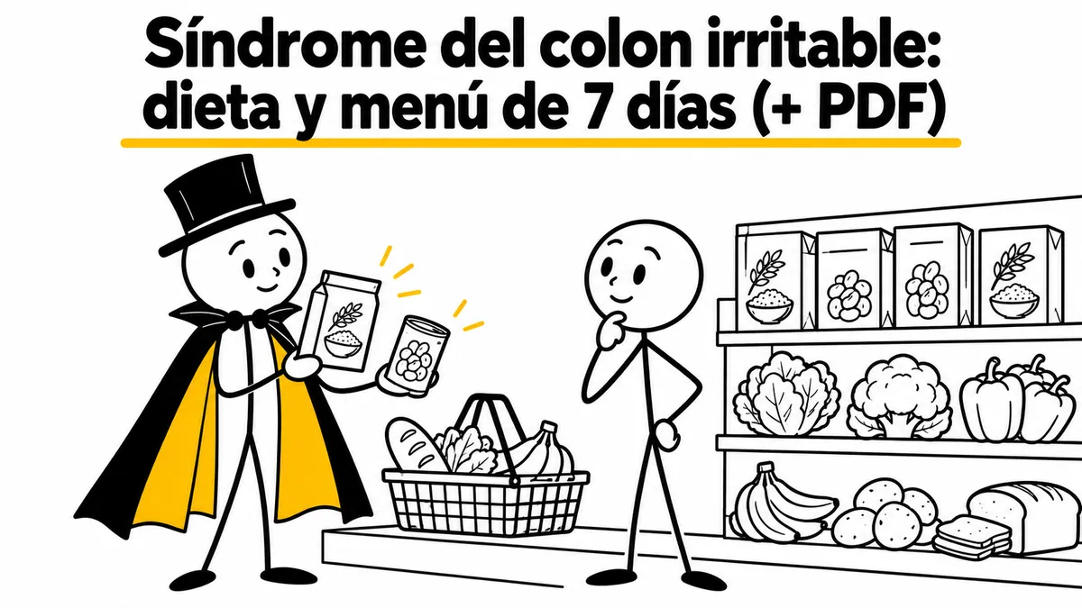 Síndrome del colon irritable: dieta y menú de 7 días (+ PDF). Ilustración con monigotes de trazos finos y el protagonista con capa y sombrero.
