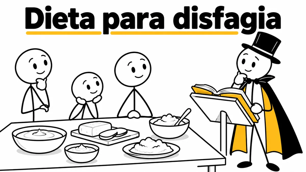 Dieta para disfagia. Ilustración con monigotes de trazos finos y el protagonista con capa y sombrero.
