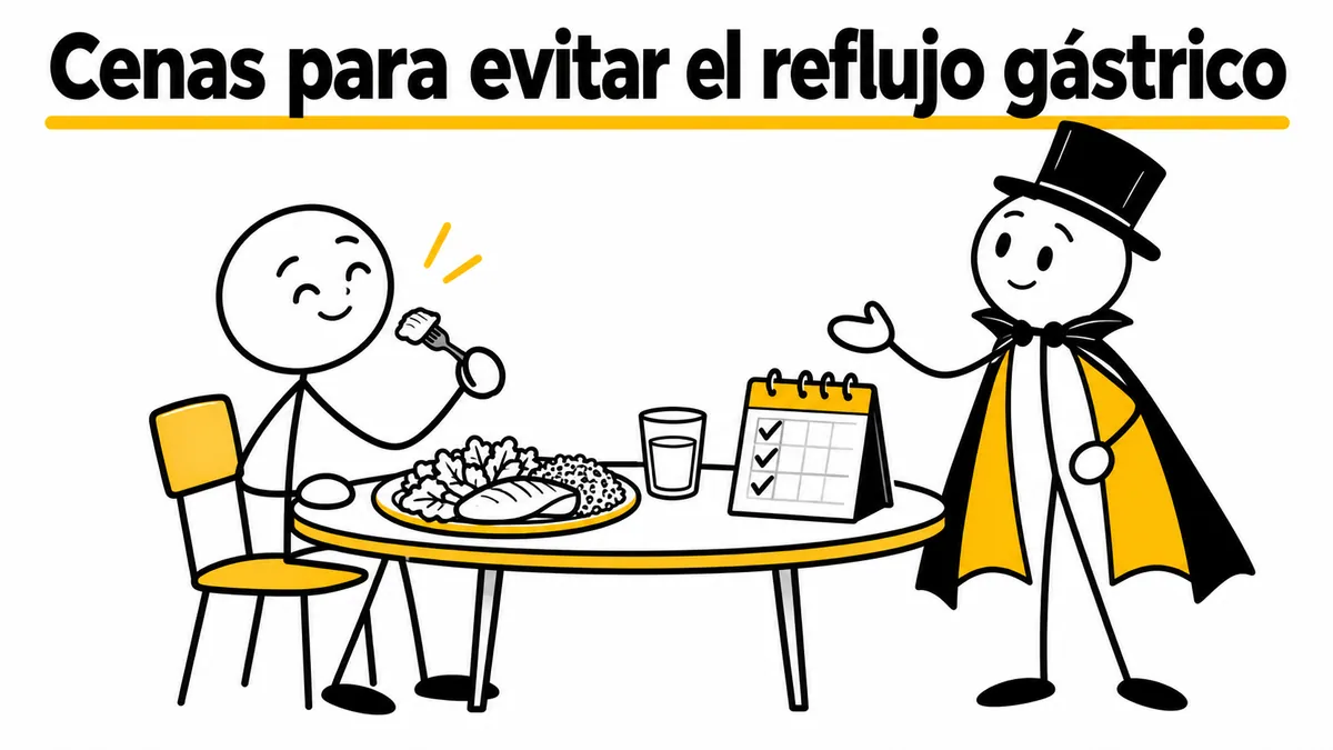 Cenas para evitar el reflujo gástrico. Ilustración con monigotes de trazos finos y el protagonista con capa y sombrero.