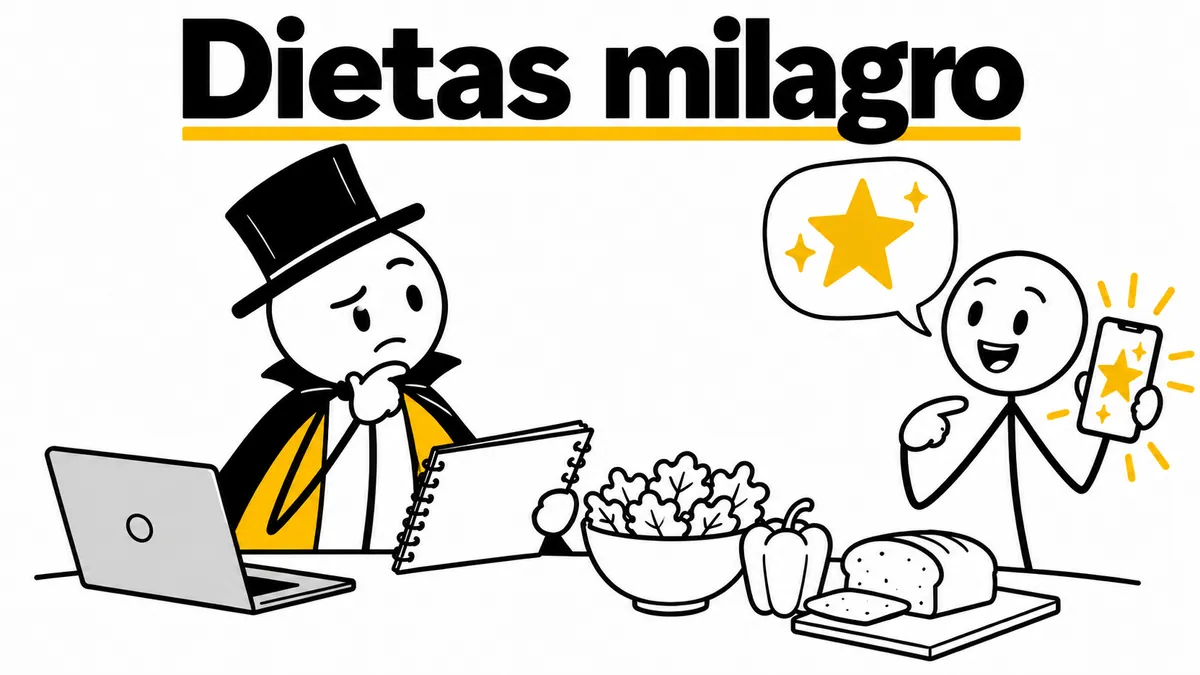 Dietas milagro. Ilustración con monigotes de trazos finos y el protagonista con capa y sombrero.