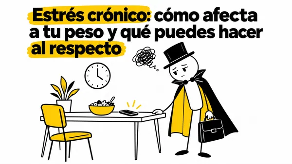 Personaje cansado junto a una mesa, un teléfono y un reloj.