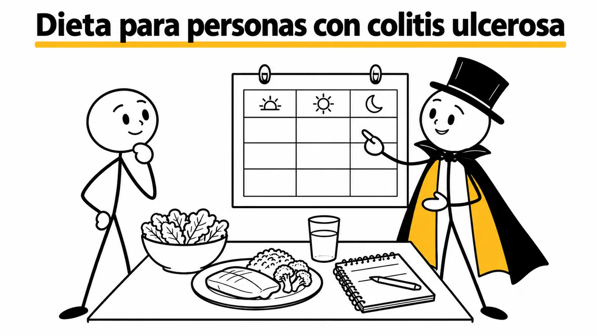 Dieta para personas con colitis ulcerosa. Ilustración con monigotes de trazos finos y el protagonista con capa y sombrero.