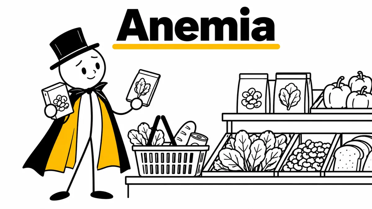 Anemia. Ilustración con monigotes de trazos finos y el protagonista con capa y sombrero.