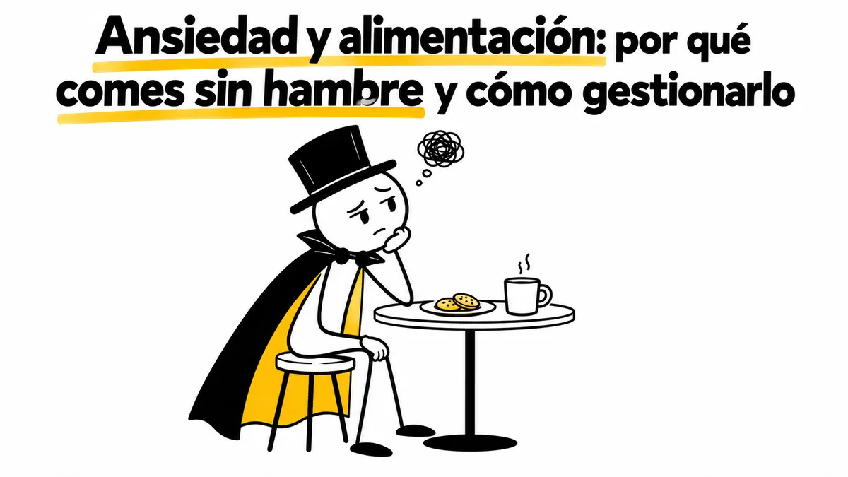 Personaje pensativo ante una taza y un plato con dos galletas.