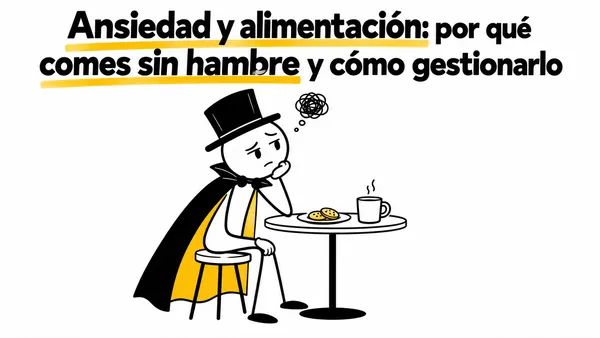 Personaje pensativo ante una taza y un plato con dos galletas.