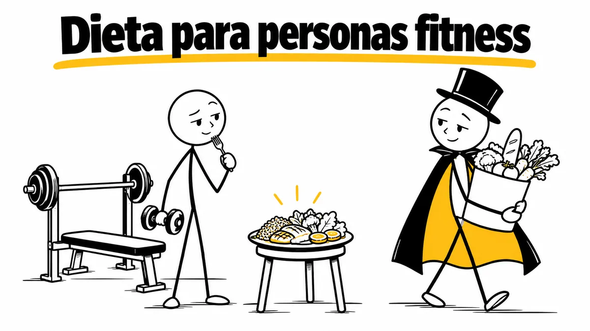Un deportista con mancuerna y tenedor junto a un plato, mientras el protagonista lleva la compra.