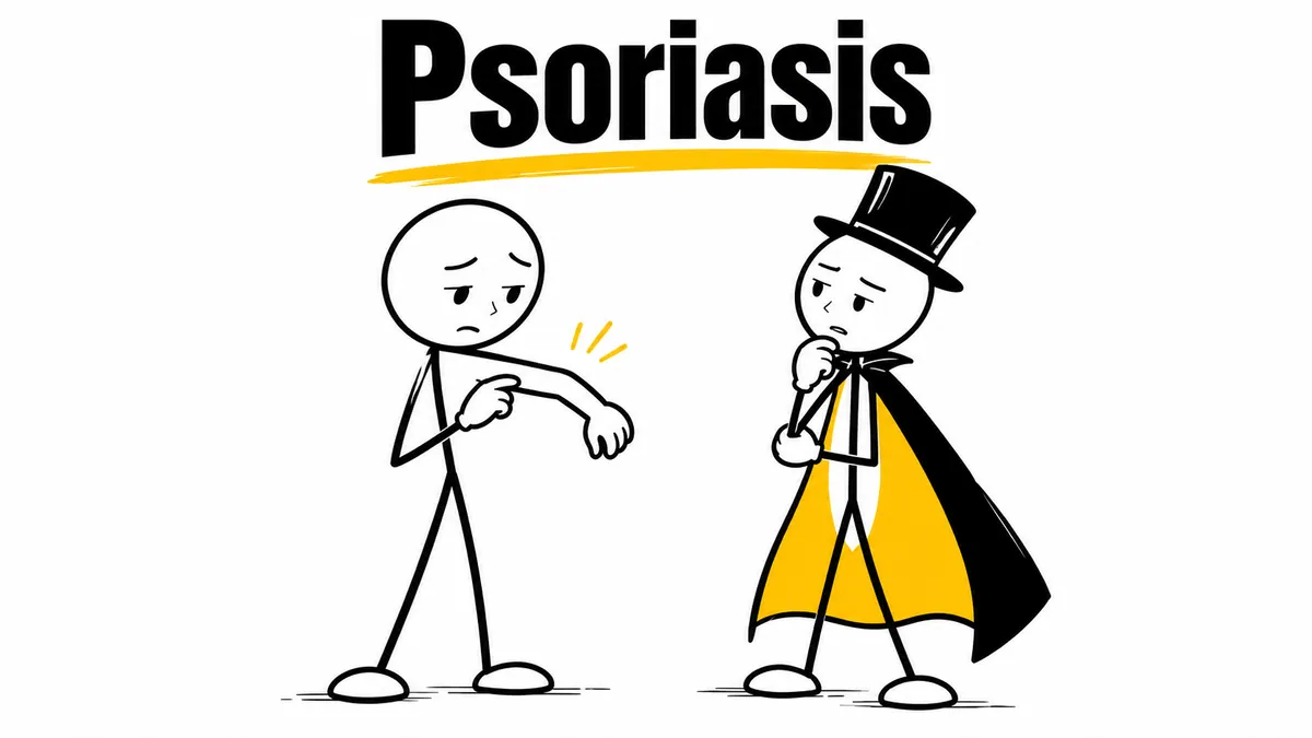 Ilustración sobre «Psoriasis» con el personaje de sombrero de copa y capa.