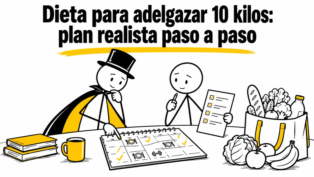 Ilustración sobre «Dieta para adelgazar 10 kilos: plan realista paso a paso» con el personaje de sombrero de copa y capa.
