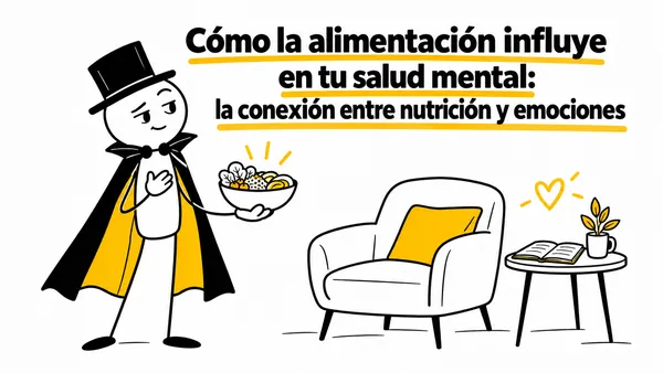 Personaje con un bol de comida junto a un sillón, una libreta y un corazón.